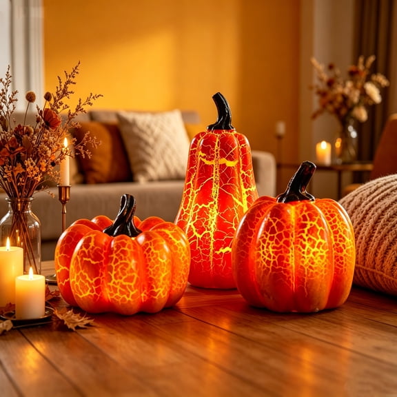 Mskk Crackle Texture Pumpkin Light Halloween Decoration, Orange LED Glowing Pumpkin Ornament, Indoor/Outdoor Fall & Halloween Home Party Decor