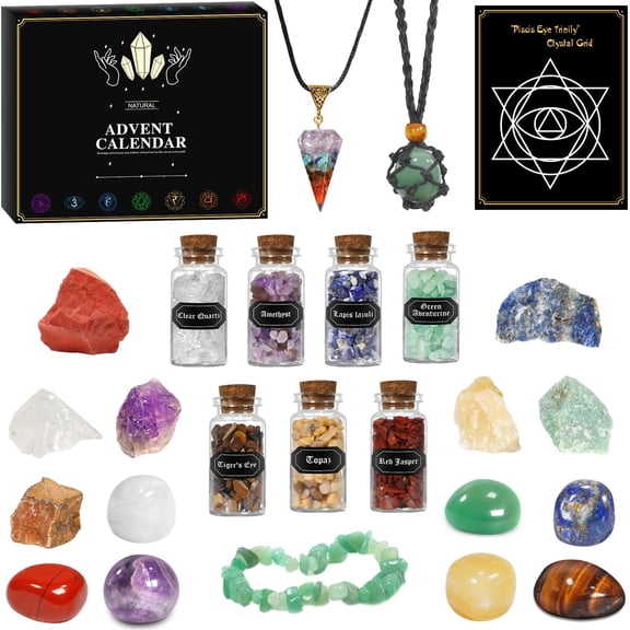 Mskk Crystal Advent Calendar Blind Box, 24Pcs Natural Healing Crystal Stone Collection Set, Holiday Countdown Surprise Gift, Meditation Spiritual Healing Kit for Crystal Lovers, Home Decor