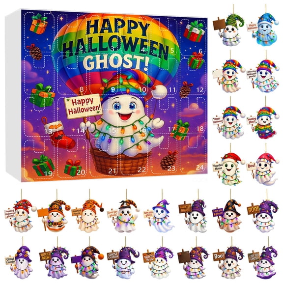 Mskk Halloween Advent Calendar 24Pcs Cute Rainbow Ghost 2D Acrylic Hanging Ornament Blind Box, 24 Days Countdown Suncatcher Decor Toy, Kids Halloween Tree Window Wall Hanging Holiday Surprise Gift