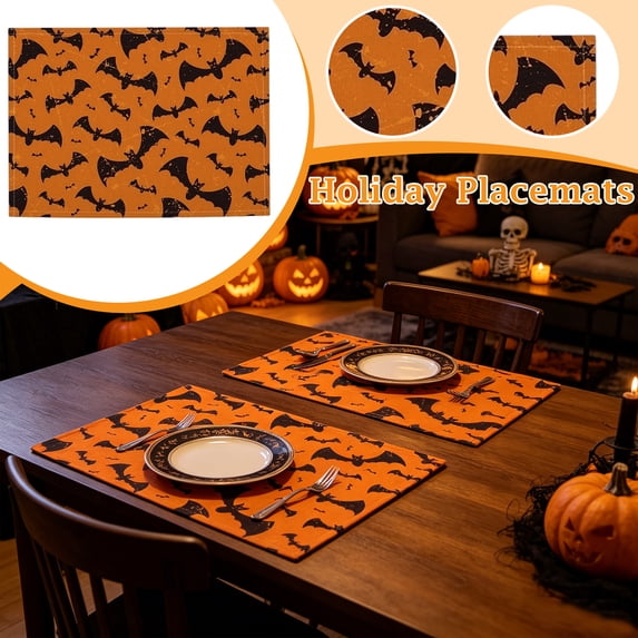 Mskk Halloween Bat Printed Fabric Placemats Set of 4, Vintage Orange Holiday Table Mats, Heat‑Resistant Reusable Dining Table Decor for Halloween Party Dinner Table Setting, 16.53 × 12.60 Inch