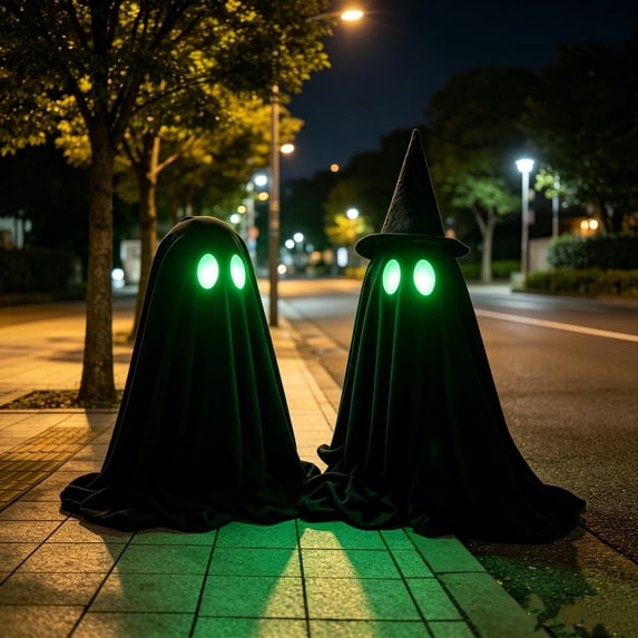 Mskk Halloween Black Ghost Decoration, 19.7" Glowing Green Eyes Black Ghost Props, Indoor/Outdoor Decor for Porch, Lawn, Haunted House & Themed Events