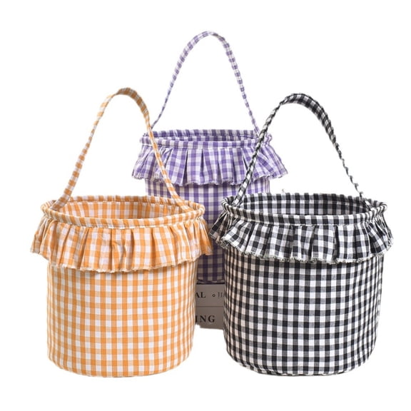 Mskk Halloween Plaid Cloth Treat Bucket, Ruffle Rim Checkered Fabric Candy Carrier Basket, Reusable Handheld Goodie Basket For Kids Cosplay Trick Or Treat Halloween Costume Party Decoration