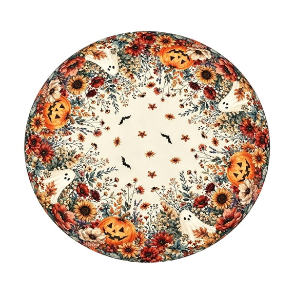 Mskk Halloween Round Tablecloth, 51 Inch Stretch Fitted Circular Table Cover, Cartoon Spooky Border Print Table Cloth For Halloween Dinner Party Round Dining Table Home Decoration