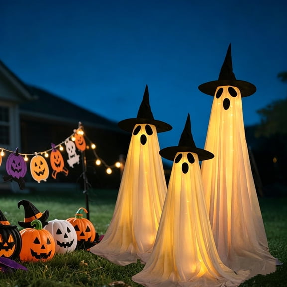 Mskk Halloween Standing Ghost Decor Set, 3pcs Light-up Freestanding Ghosts, White Ghost Props for Yard, Lawn, Porch, Haunted House, Halloween Party