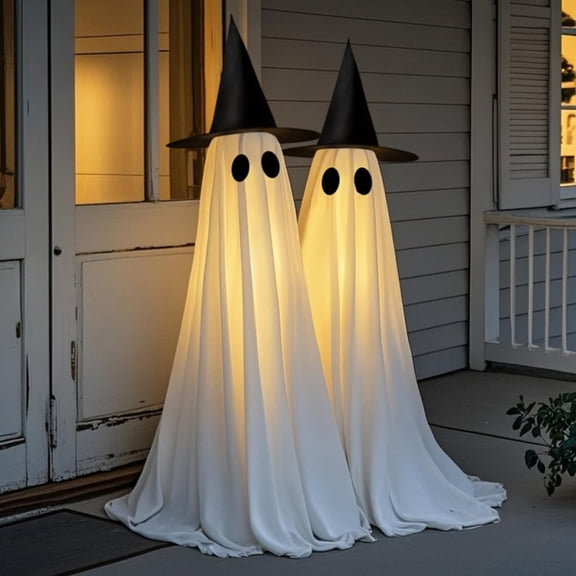 Mskk Halloween Standing Ghost Decoration Set, 2pcs Light-Up Freestanding Witch Ghosts,LED Light Ghost Prop for Porch, Haunted House & Halloween Party