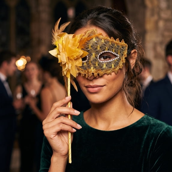 Mskk Lace Flower Masquerade Mask for Women, Venetian Hand‑Held Stick Mask Halloween Mardi Gras Carnival Costume Ball Cosplay Party Accessory for Night Event, Gold