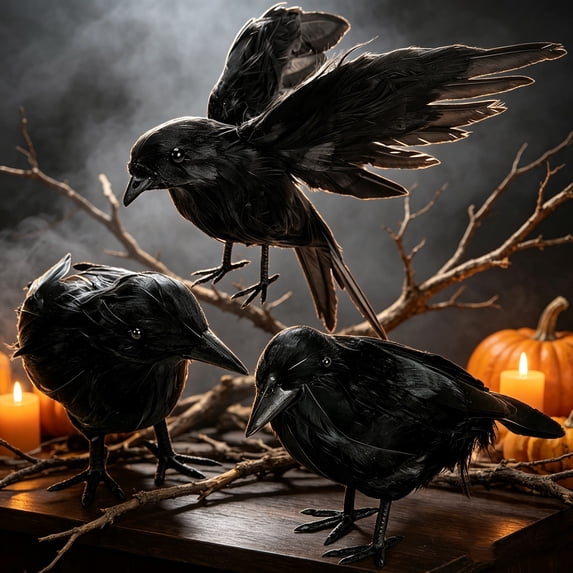 Mskk Lifelike Black Crow Halloween Decoration - Realistic Crow Figurine with Feather for Tabletop Party Decor Haunted House Decoration Prop