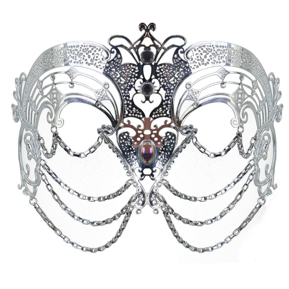 Mskk Luxury Rhinestone Metal Chain Masquerade Mask for Women, Hollow‑Cut Half‑Face Cosplay Mask, Carnival Prom Halloween Fancy Dress Accessory, Silver