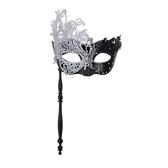 Mskk Masquerade Mask for Women, Glitter Lace Rhinestone Hand‑Held Stick Mask Halloween Mardi Gras Carnival Costume Ball Cosplay Party Accessory for Night Event, Silver