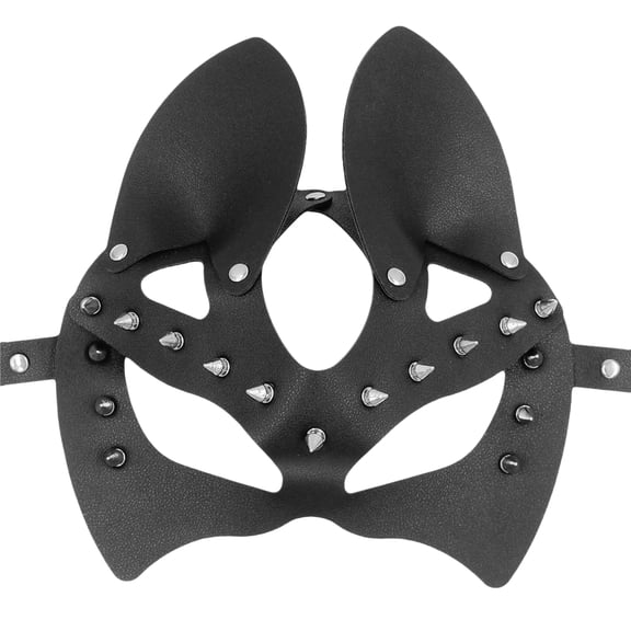 Mskk Studded Cat Ear Masquerade Mask for Women, Faux Leather Rivet Cat Half‑Face Mask Halloween Cosplay Costume Ball Party Accessory for Night Event, Black
