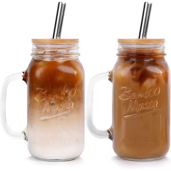 Mson Jr with Lid nd Strw, 24 oz Regulr Mouth Jrs Hndle Drinking Glsses Tumbler Reusble Cups Smoothie Wter Bottles for Iced Coffee (Clssic 2 cups Style)