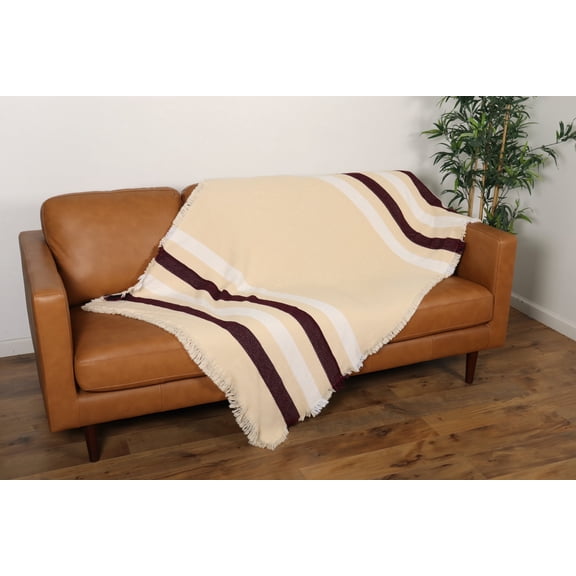 Creme blanket with Maroon & White Stripes Woven Throw - 100% Cotton Made in the USA (73x48)