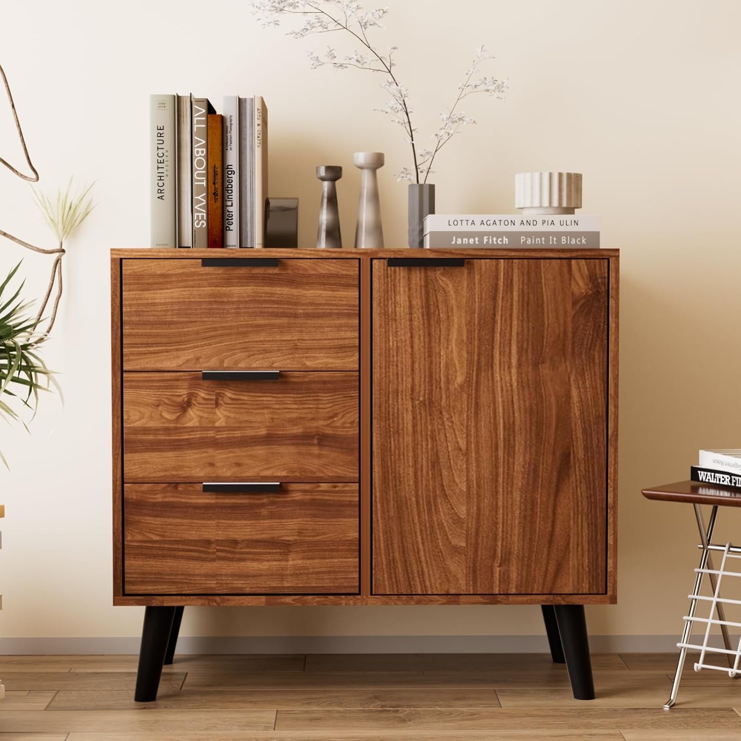 Msutree Buffet Sideboard Cabinet with Storage, Mid-Century Storage Cabinet with 3 Drawers and 1 Door, Kitchen Pantry Cabinet, Freestanding Accent Storage Cabinet for Living Room, Entryway