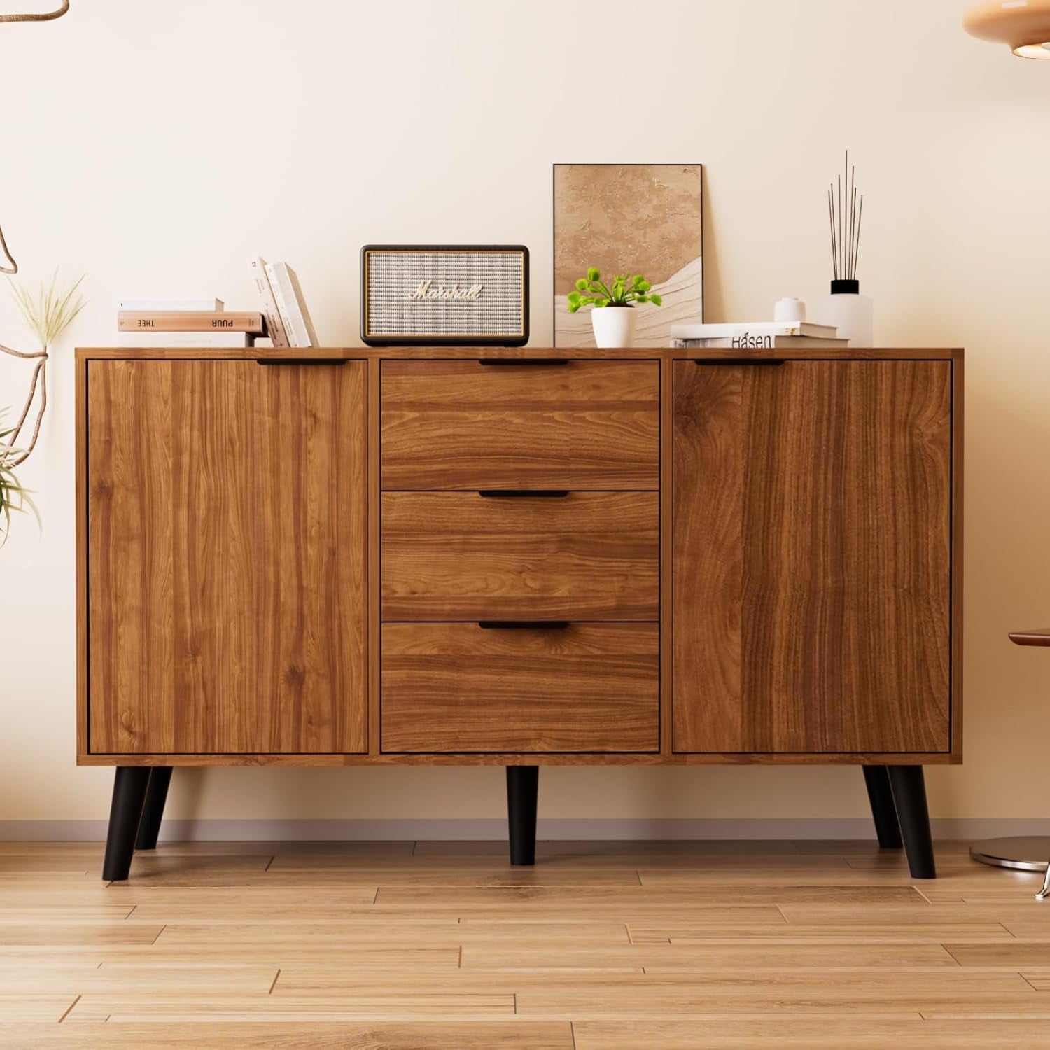 Msutree Buffet Sideboard Cabinet with Storage, Mid-Century Storage Cabinet with 3 Drawers and 2 Doors, Kitchen Pantry Cabinet, Freestanding Accent Storage Cabinet for Living Room, Entryway