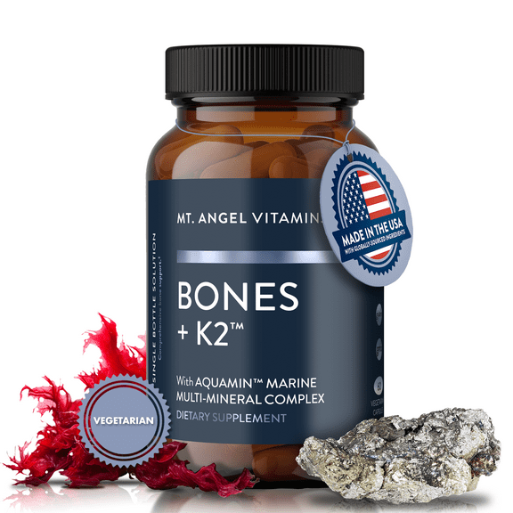 Mt. Angel Vitamins - Bones + K2, Comprehensive Bone Support Calcium Supplement, Aquamin 1600 mg, Magnesium, Vitamin K2 (MK7), Manganese, Vitamin D3, Boron - 60 Vegetarian Capsules