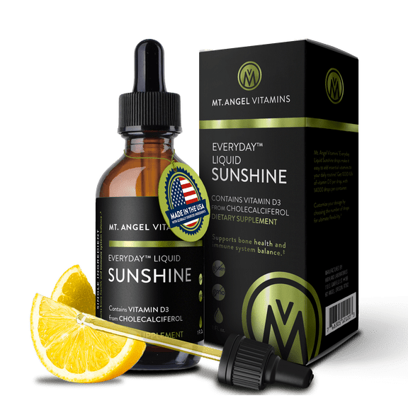 Mt. Angel Vitamins Everyday Liquid Sunshine - Liquid Vitamin D Drops - Easy-to-Use Vitamin D3 Drops with Natural Lemon Flavor (Non-GMO, Vegan, Soy-Free, Gluten-Free) -1400 Servings per Bottle