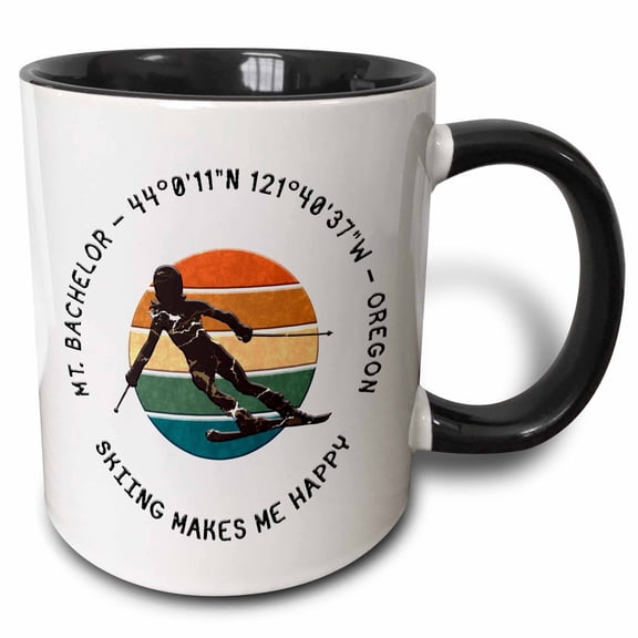 3drose, Mt. Bachelor, Oregon - Woman Skier Black Text on White. Winter Sports, 15oz Two-tone Black Mug
