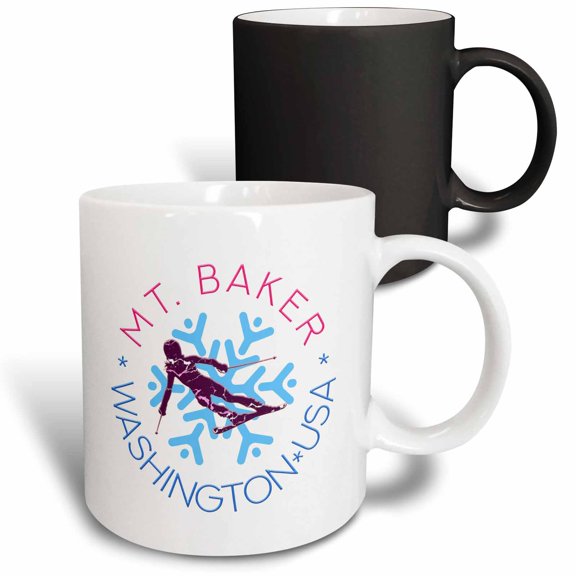 3drose, Mt.baker, Washington - Woman Skier, Snowflake. Elegant Winter Gift, 11oz Magic Transforming Mug