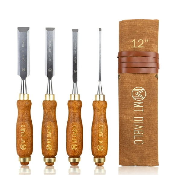Mt Diablo Woodworking Tools 4 Piece Chisel Set - Premium CV60 Steel Wood Chisel Sets with Ergonomic Handles, Includes 1/4" 1/2" 3/4" 1" Widths - Ideal for Woodworkers - Durable Waxed Canvas Tool Roll