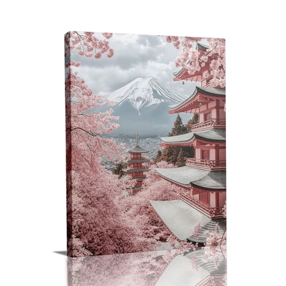 “Mt. Fuji & Pink Pagoda” Japanese Canvas Wall Art Ready to Hang for Living Room and Bedroom