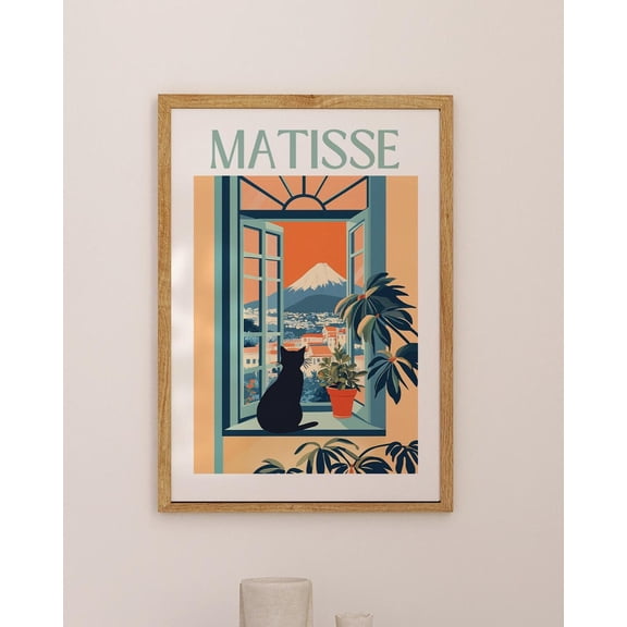 Mt Fuji View Open Window Art Print, Cat Illustration, Japanese Landscape Unframed Paper Print