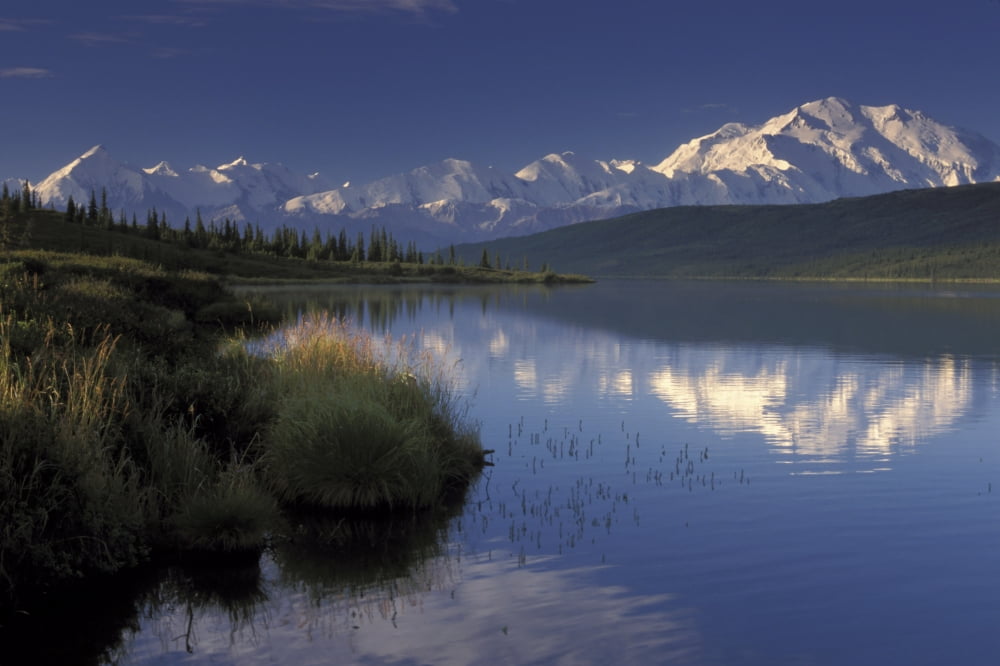 Mt Mckinley Reflects In Wonder Lake Denali Np Ak In Summer Alaska Range Canvas Art - Jeff Schultz Design Pics (34 x 22)