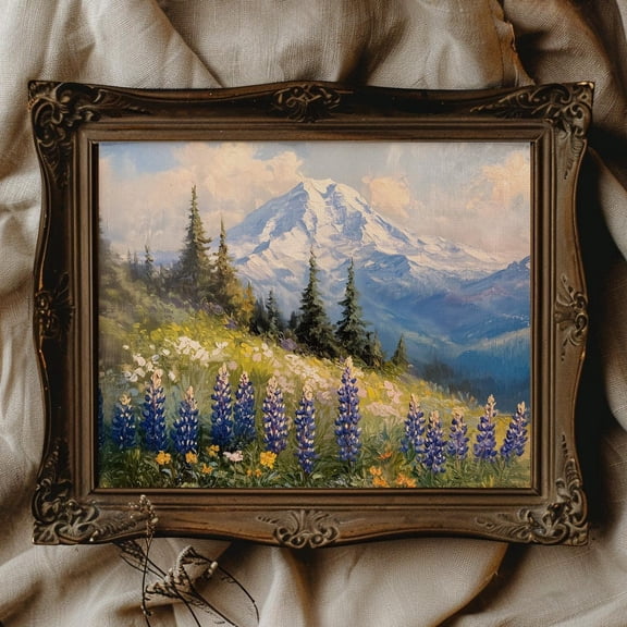 Mt Rainier Print Of Mount Rainier National Park Lupine Wall Art Washington State Print Mountain Gift For Traveler #1818, Unframed Poster Size 8x12