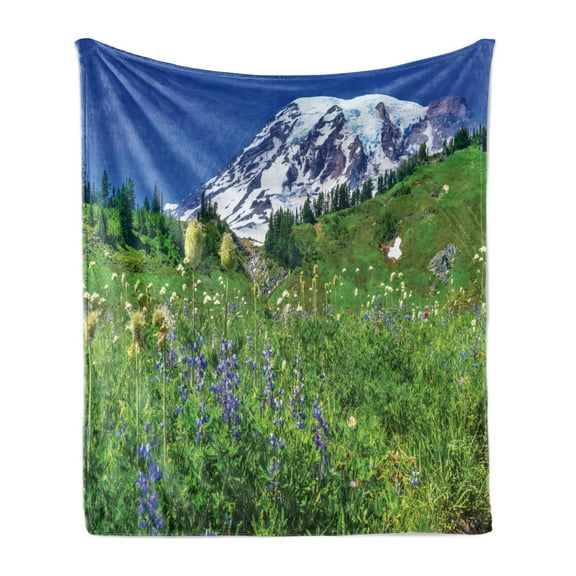 Mt Rainier Soft Flannel Fleece Blanket, Lupine Wild Flowers and Grass with Rainier Mountain Background Springtime Photo, Cozy Plush for Indoor and Outdoor Use, 70" x 90", Multicolor, by Ambesonne