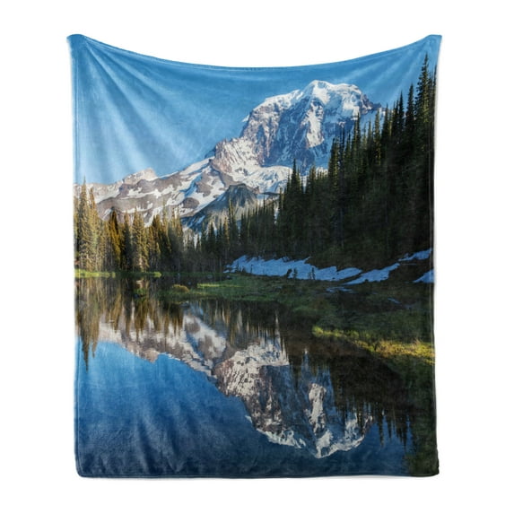 Mt Rainier Soft Flannel Fleece Blanket, Mount Rainier National Park Trees Snow Tranquil Lake Symmetric Reflection Image, Cozy Plush for Indoor and Outdoor Use, 50" x 60", Multicolor, by Ambesonne
