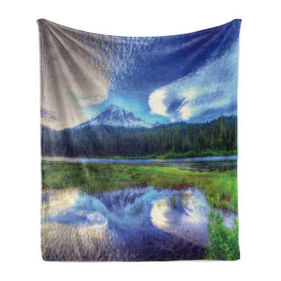 Mt Rainier Soft Flannel Fleece Throw Blanket, Daytime Scenic Picturesque of National Park Washington Cloudy Sky Reflection, Cozy Plush for Indoor and Outdoor Use, 50" x 60", Multicolor, by Ambesonne
