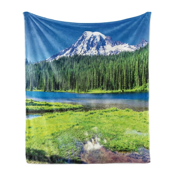 Mt Rainier Soft Flannel Fleece Throw Blanket, Dense Forest and Lake with Grass in Clear Daytime Colors Snowy Mountain Photo, Cozy Plush for Indoor and Outdoor Use, 50" x 70", Multicolor, by Ambesonne