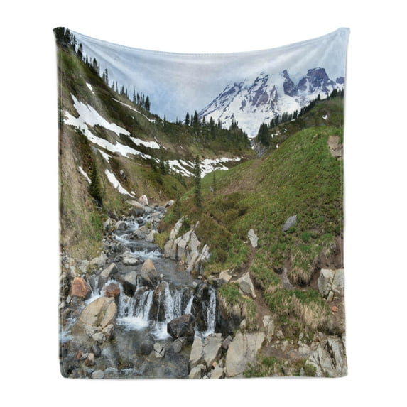 Mt Rainier Soft Flannel Fleece Throw Blanket, Mountain with Stream and Grassy Hill Snowy Rugged Volcano Wild Camping Photo, Cozy Plush for Indoor and Outdoor Use, 70" x 90", Multicolor, by Ambesonne