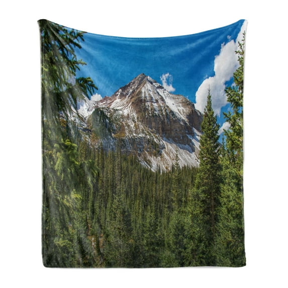 Mt Rainier Soft Flannel Fleece Throw Blanket, Scenic Photo Picturesque Forest Trees Snowy Mountain and Open Sky, Cozy Plush for Indoor and Outdoor Use, 70" x 90", Multicolor, by Ambesonne