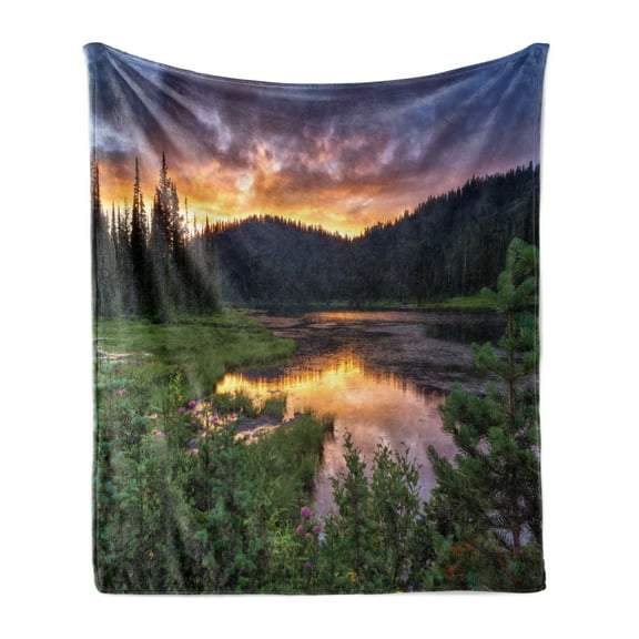 Mt Rainier Soft Flannel Fleece Throw Blanket, Spring Sunset National Park Woods Flowers Lake and Grass Calm Nature Photo, Cozy Plush for Indoor and Outdoor Use, 70" x 90", Multicolor, by Ambesonne