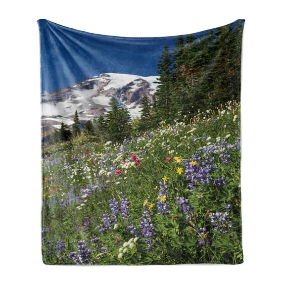 Mt Rainier Soft Flannel Fleece Throw Blanket, Springtime in Mount Rainier National Park with Colorful Flowers Photo, Cozy Plush for Indoor and Outdoor Use, 60" x 80", Multicolor, by Ambesonne