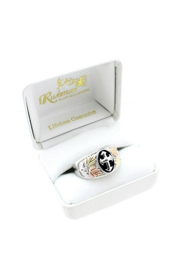 Mt. Rushmore Black Hills Gold Sterling Silver Men's Cross Ring Size 13 FAST SHIP