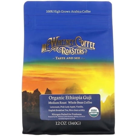 Mt. Whitney Coffee Roasters, Organic Ethiopia Guji, Whole Bean Coffee, Medium Roast, 12 oz Pack of 4