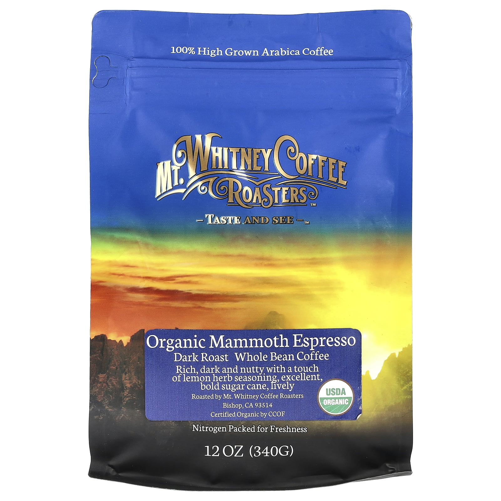 Mt. Whitney Coffee Roasters Organic Mammoth Espresso, Whole Bean Coffee, Dark Roast, 12 oz (340 g)