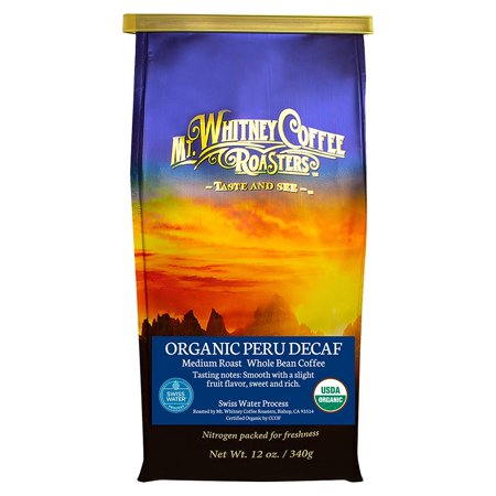 Mt. Whitney Organic Swiss Water, Low Acid, Decaf Coffee from Peru (Whole Bean, 12 Oz) Swiss Water Organic Peru 12.00 Ounce (Pack of 1)