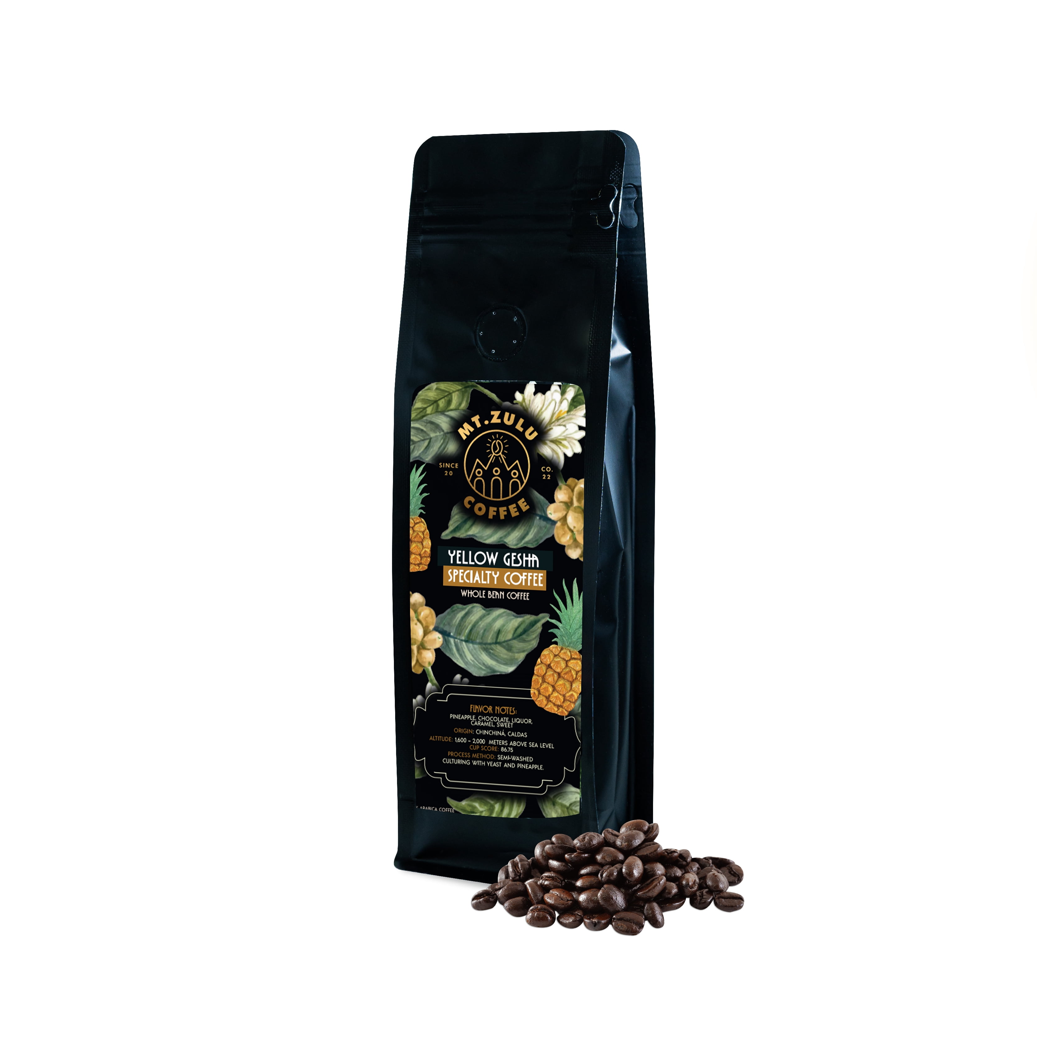 Mt. Zulu Yellow Gesha – Pineapple Fermented, Semi-Washed, Single Origin Colombian Coffee Beans, Medium Roast, 8 oz