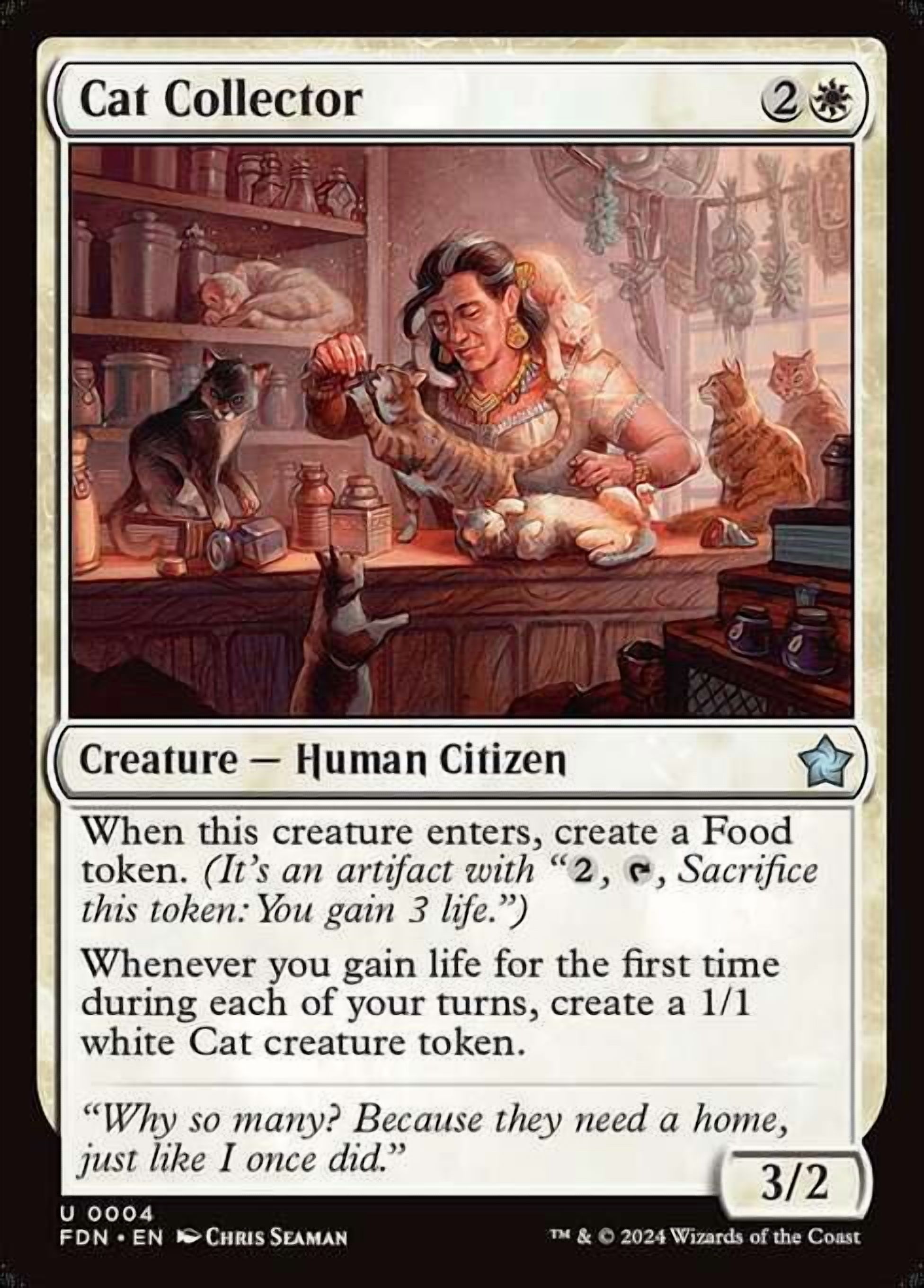 mtg foundations white cards Uncommon Cat Collector #4 create a 1/1 white Cat Soldier creature token with vigilance thats blocking that creature. MTG Magic the Gathering Make