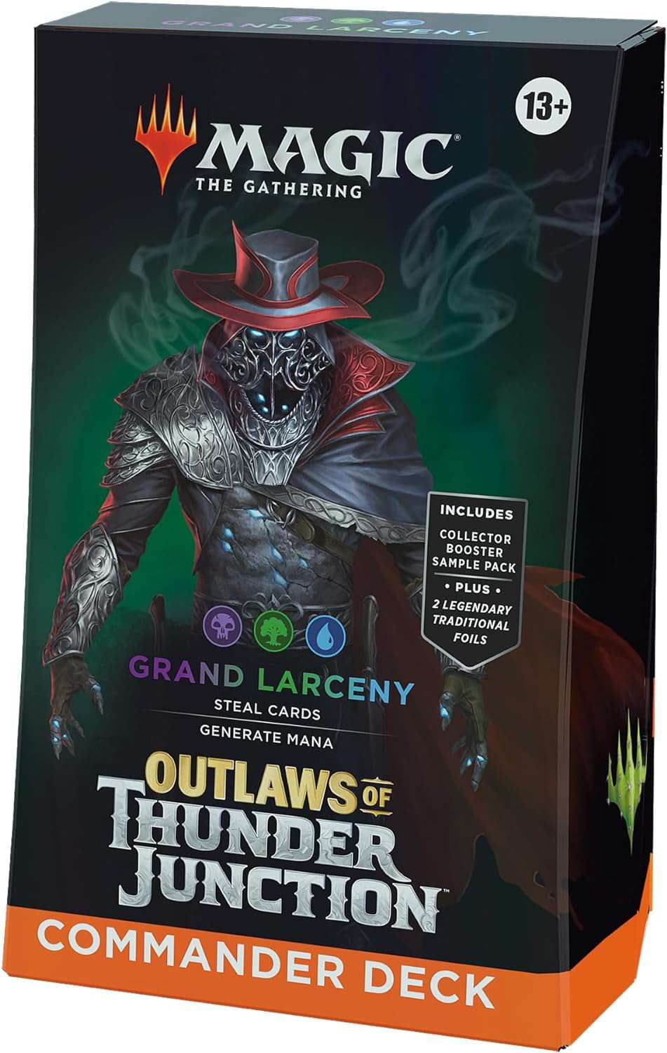 MtG Outlaws of Thunder Junction Grand Larceny Commander Deck (100-Card Deck, 2-Card Collector Booster Sample Pack + Accessories)