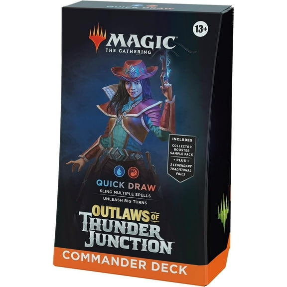 MtG Outlaws of Thunder Junction Quick Draw Commander Deck (100-Card Deck, 2-Card Collector Booster Sample Pack + Accessories)
