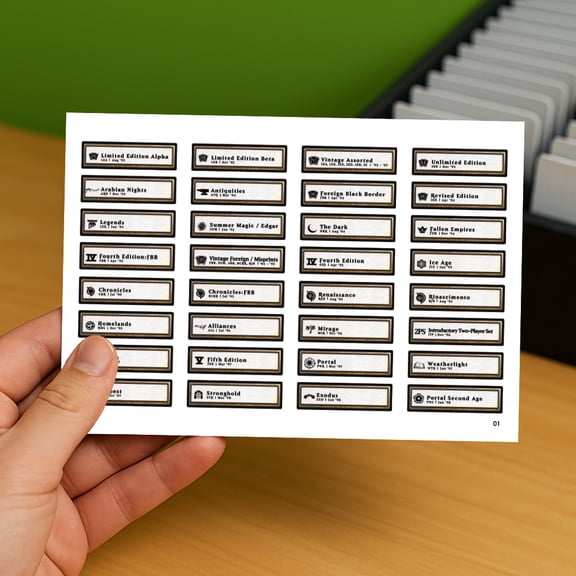 MtG Set Labels Pack for Magic The Gathering Collection Organization, Covers Major MtG Sets, 32 Labels per Sheet, 9 Sticker Sheets