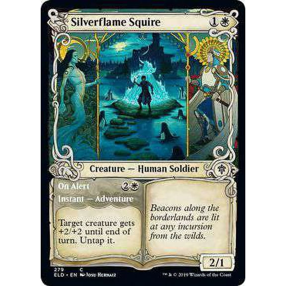 MtG Throne of Eldraine Common Silverflame Squire // On Alert (Showcase) #279