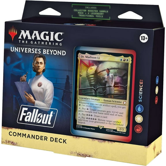 MtG Universes Beyond: Fallout Science! Commander Deck (100-Card Deck, 2-Card Collector Booster Sample Pack + Accessories)