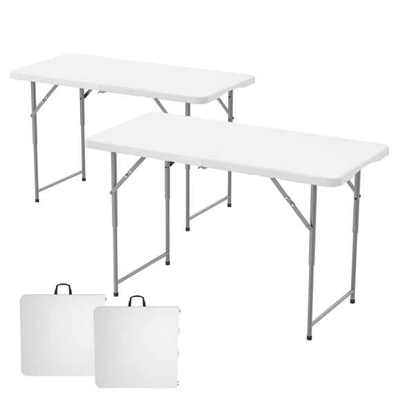 Mteryoing 4ft Adjustable Height Folding Table Set of 2, HDPE Portable Camping Table with Carry Handle for Picnic Party BBQ Indoor Outdoor, White/Black
