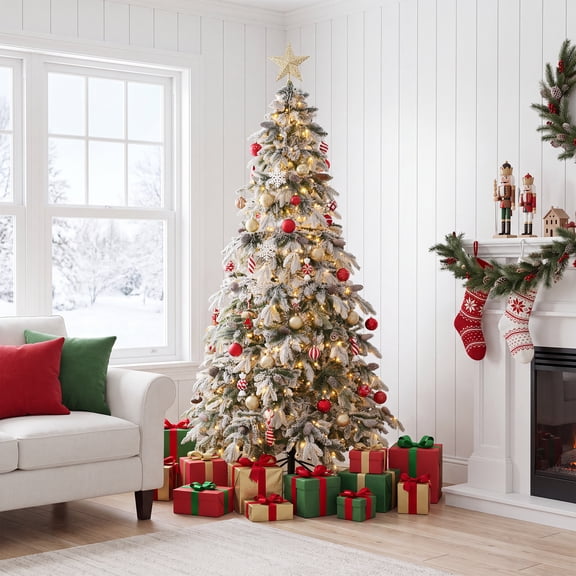 Mteryoing 7.5FT Pre-Lit Flocked Christmas Tree with 550 Multi-Color LED Lights & 11 Modes, 1278 Tips & 55 Pine Cones, Snow-Dusted PVC/PE Holiday Tree with Steel Stand, Green