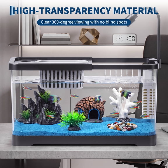 Mteryoing Complete Fish Tank Starter Kit with LED Light, Filter & Air Pump, 8-Piece Aquarium Set with Lid for Betta & Goldfish, Small & Large Sizes, Black