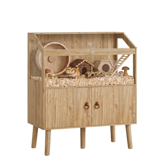 Mteryoing Large Wooden Hamster Cage with Built-in Storage Cabinet, 40" Small Animal Enclosure with Acrylic Panels for Guinea Pig, Natural/Walnut